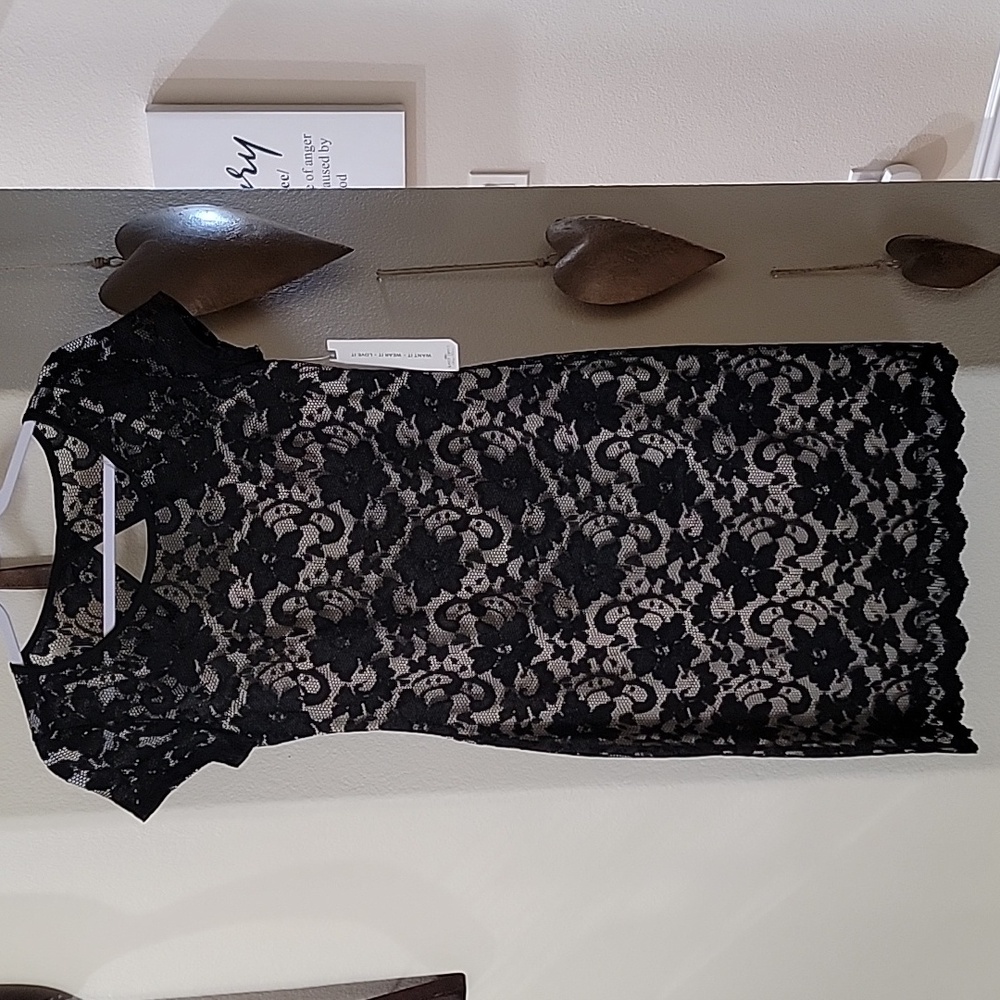 ALMOST FAMOUS Lace Overlaying Beige Spaghetti Strap Dress Blk L Juniors NWT